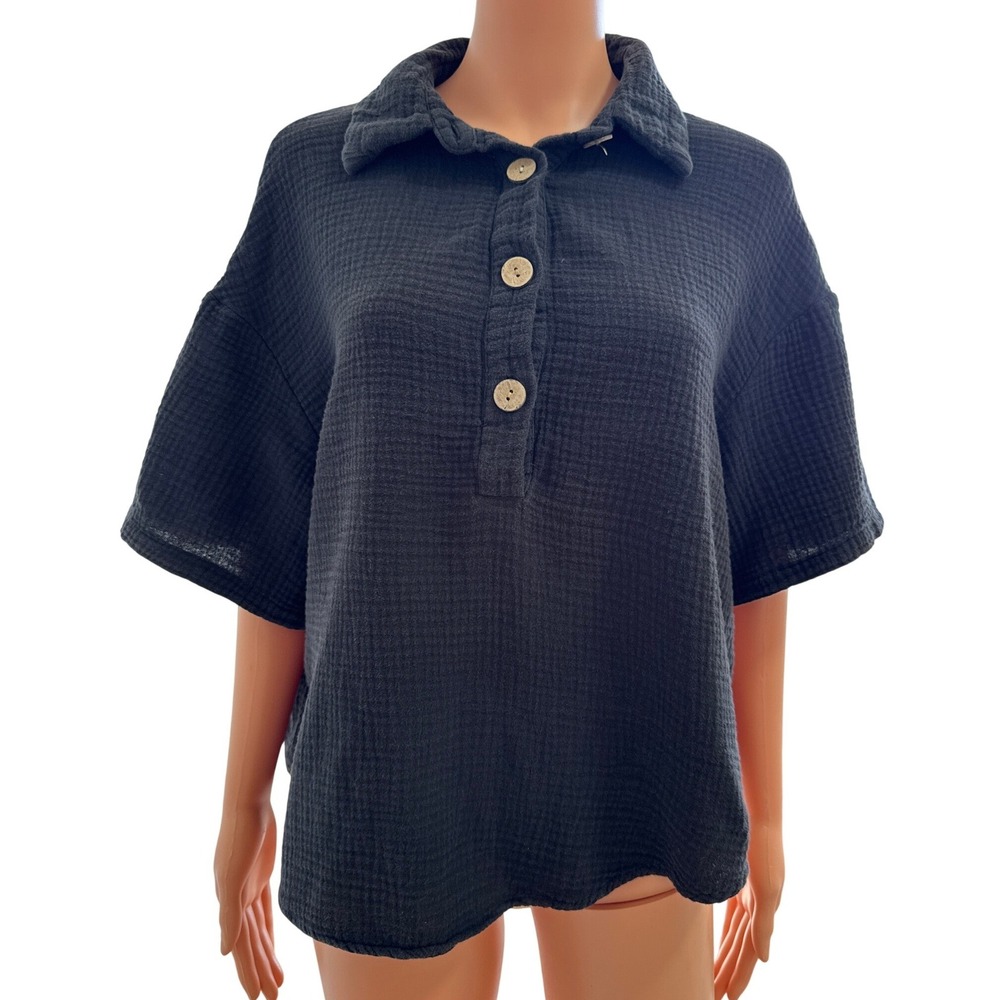 Shirt Womens M SHEIN Black Cotton Gauze Short Sleeve Shirt Size M Textured